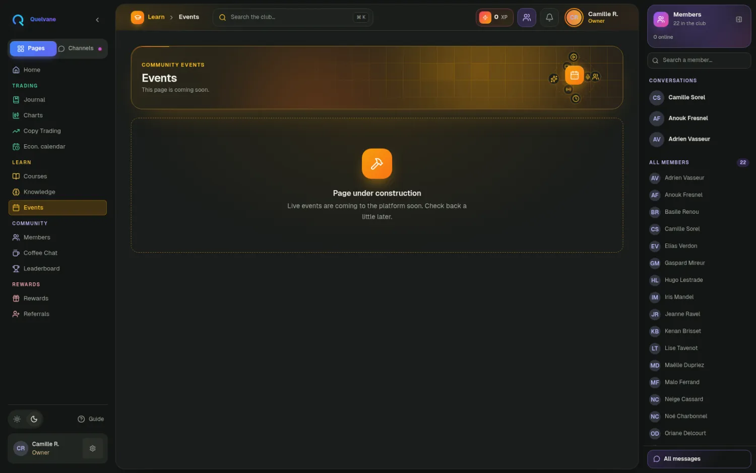 Events & live sessions — Schedule, live sessions, replays and a question queue.