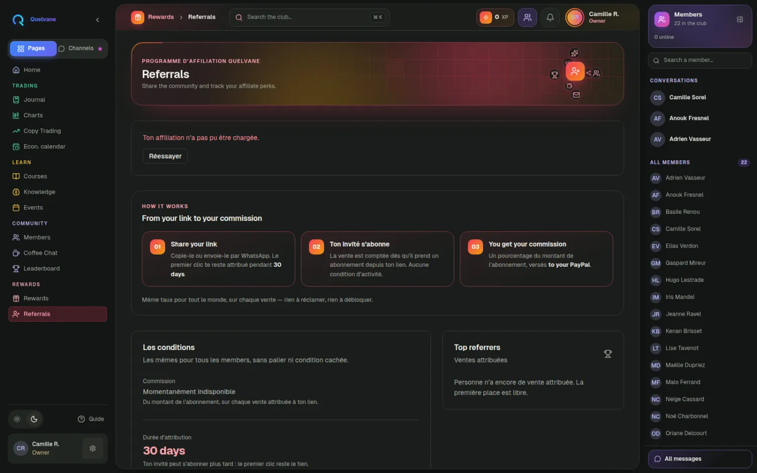 Parrainage — Referral codes, referred-member tracking and commissions — your members recruit for you.