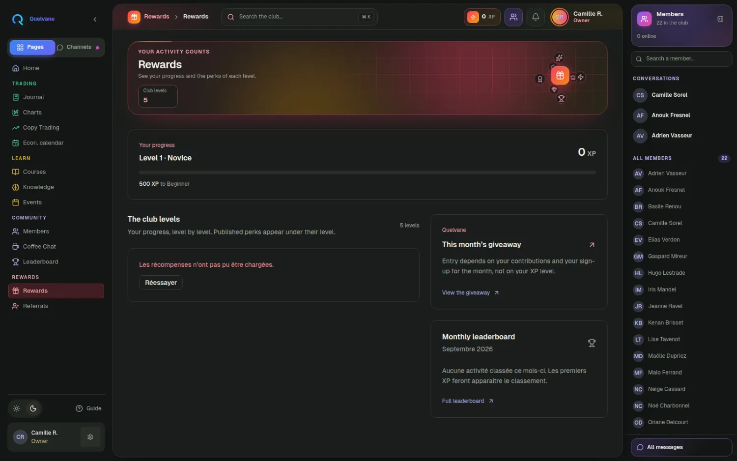 Récompenses — Tiers to unlock, perks, and what staying active earns.