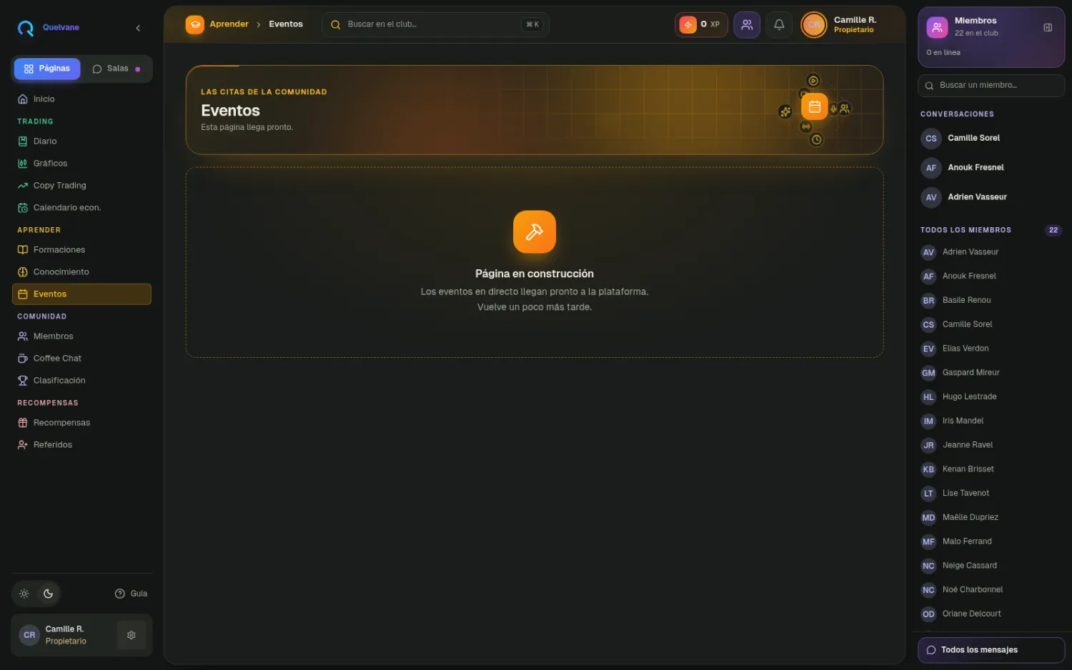 Eventos y directos — Agenda, sesiones en directo, repeticiones y cola de preguntas.