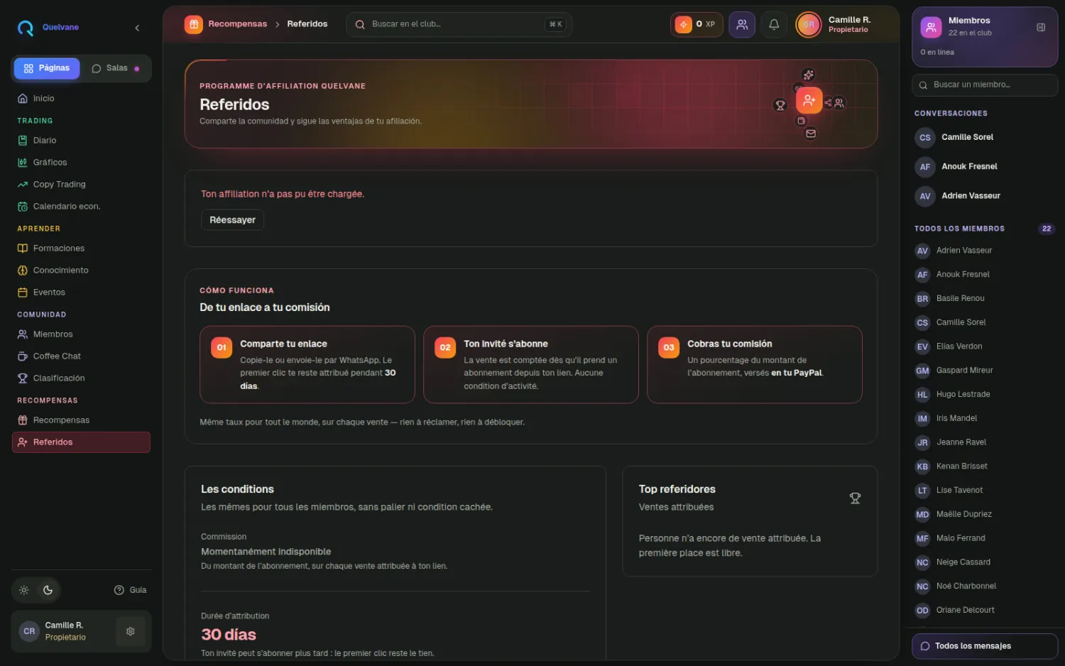Parrainage — Códigos de referido, seguimiento de invitados y comisiones — tus miembros reclutan por ti.