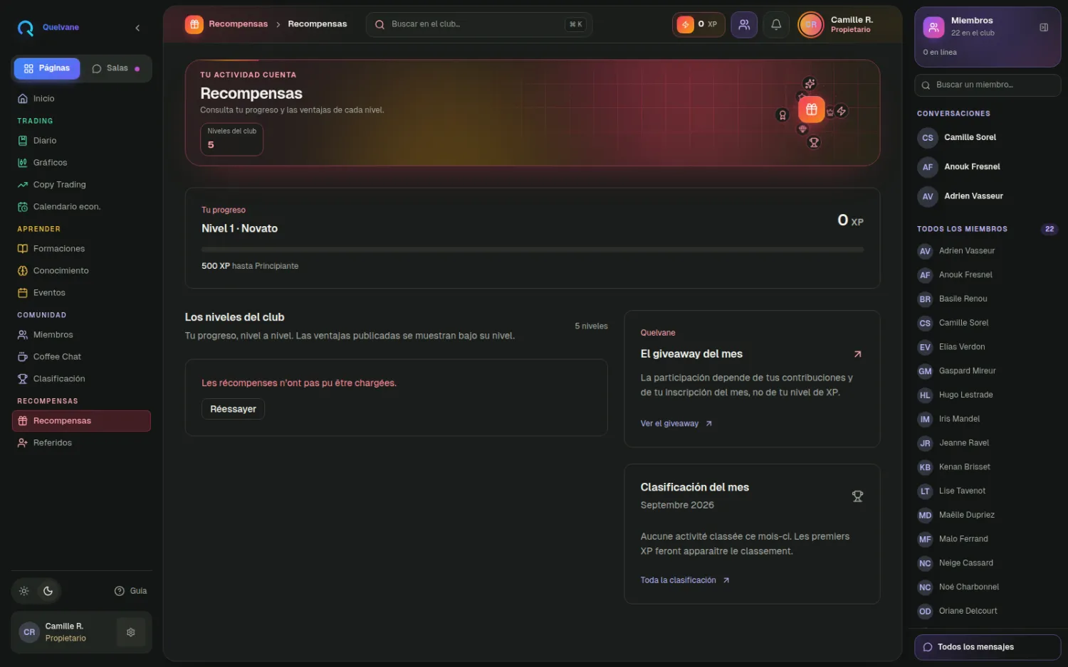 Récompenses — Niveles por desbloquear, ventajas y lo que se gana al mantenerse activo.