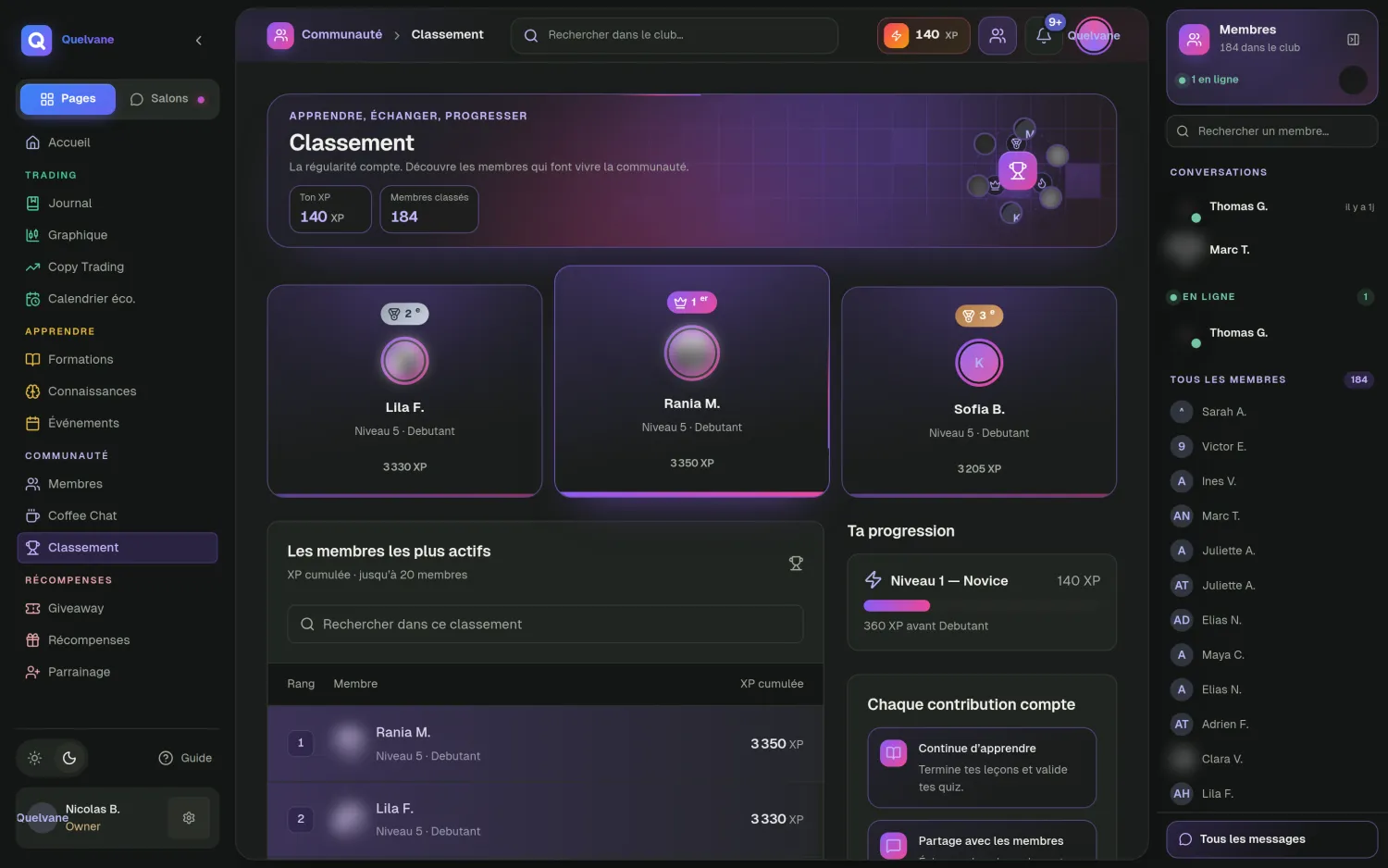 Classement — Niveaux, points d'expérience et progression : ce qui fait revenir vos membres chaque jour.