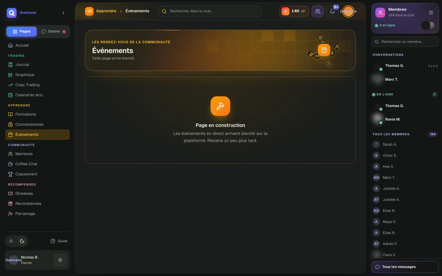 Événements & lives — Agenda, sessions en direct, replays et file d'attente des questions.