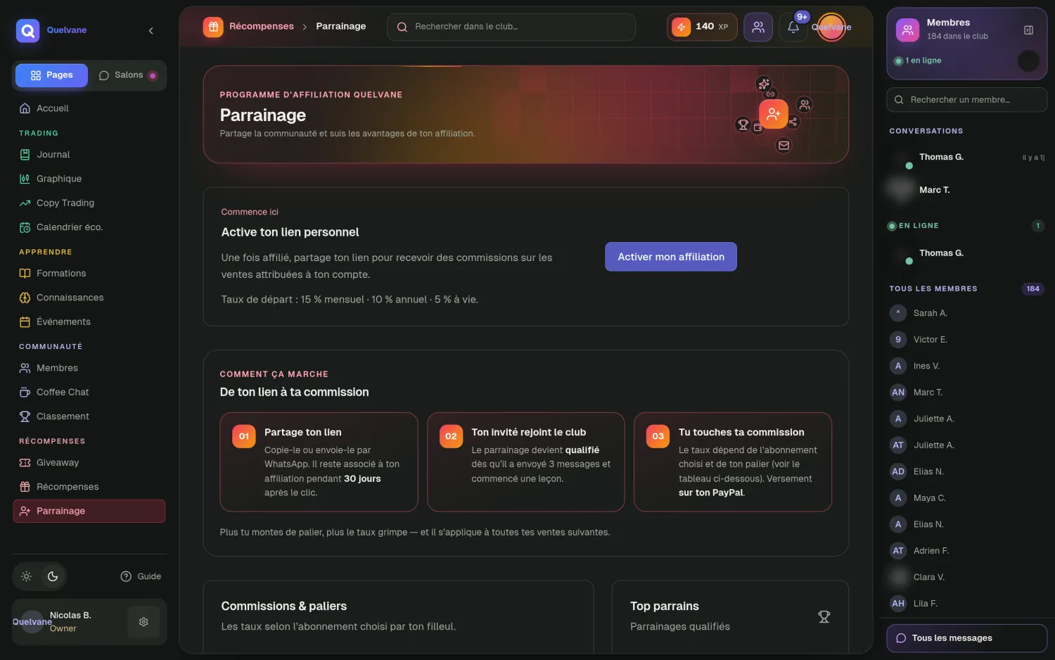 Parrainage — Codes de parrainage, suivi des filleuls et commissions — vos membres recrutent pour vous.