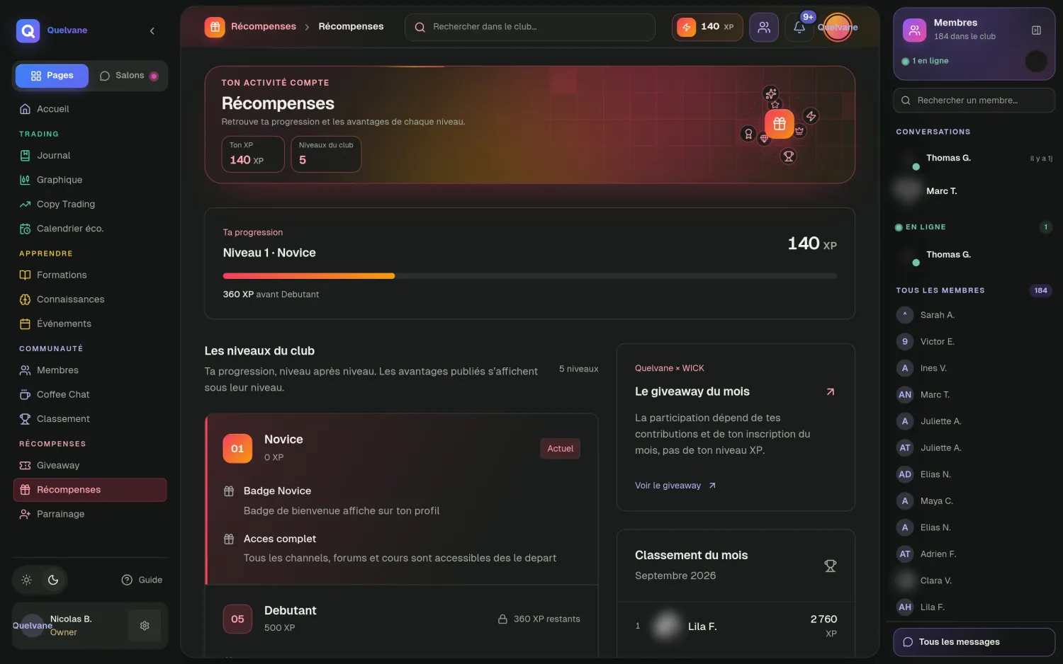 Récompenses — Paliers à débloquer, avantages, et ce qu'on gagne en restant actif.